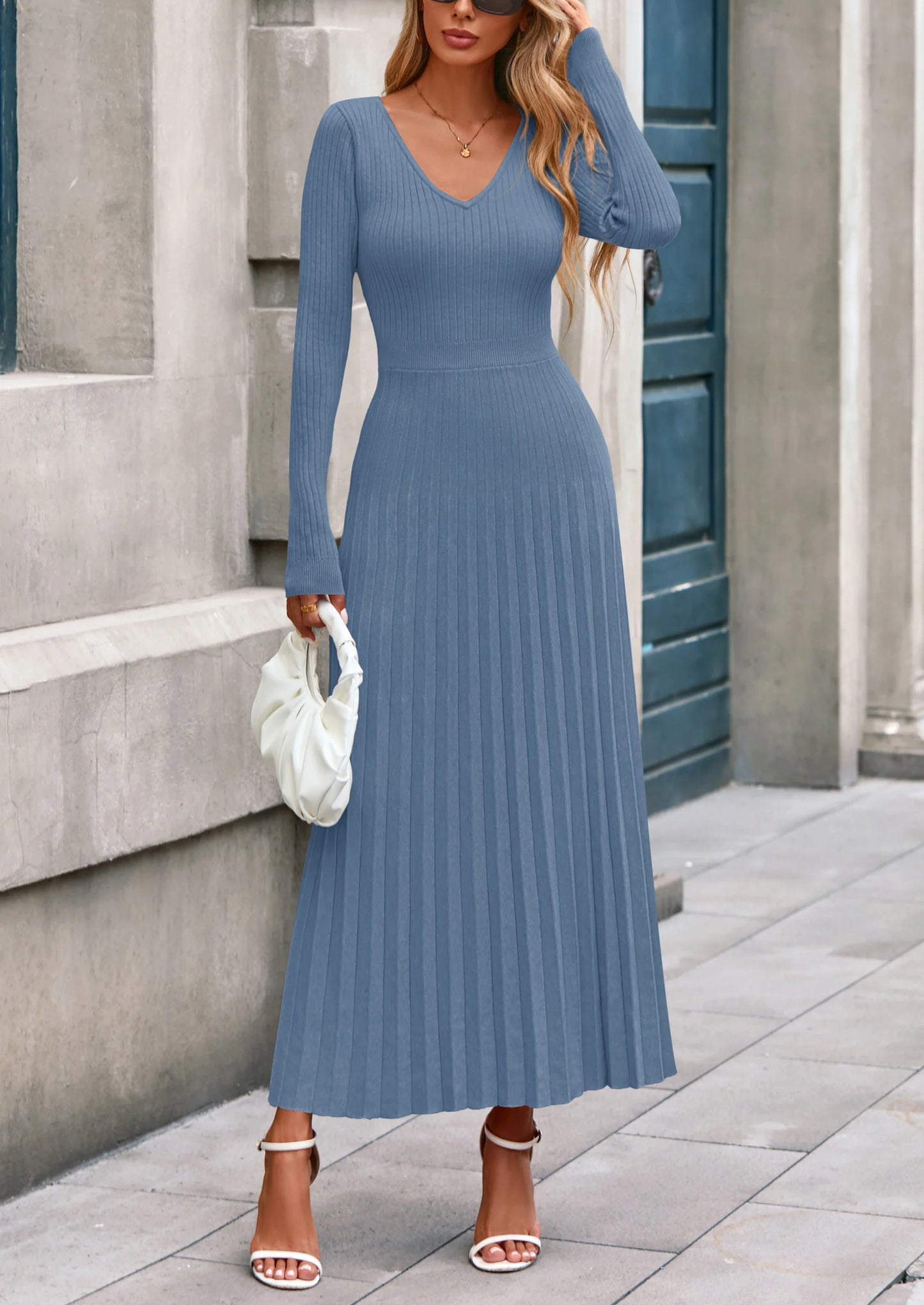 Women Sweater Dress Fall Fashion Long Sleeve V Neck Ribbed Knit Pleated A Line Elegant Maxi Winter Dresses