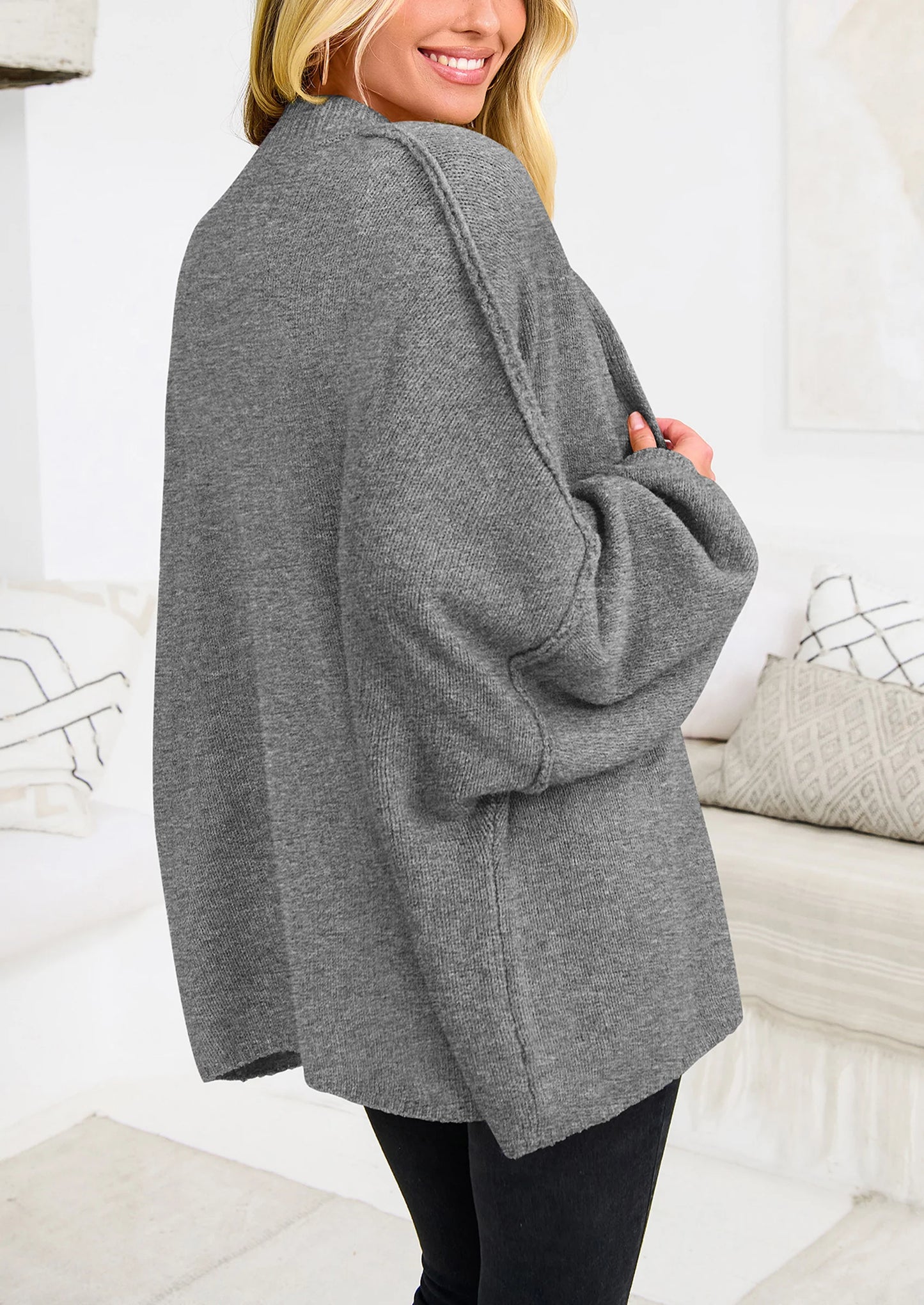 Women's Winter Button Down Cardigan Sweaters Mock Neck Lantern Long Sleeve Chunky Knit Jacket Trendy Outerwear