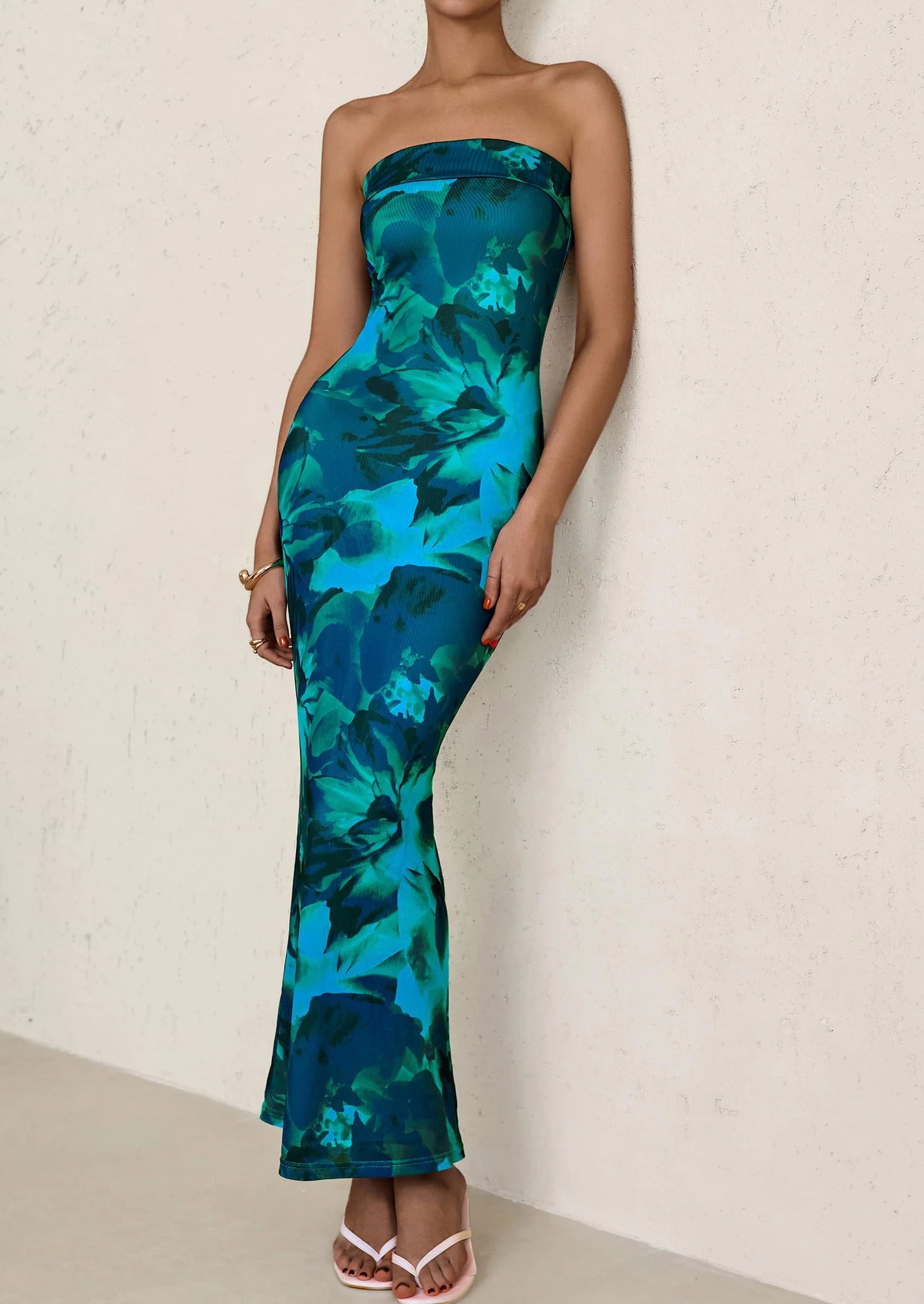 Womens Printed Tube Maxi Dress Strapless Bodycon Sleeveless Night Out Long Dresses