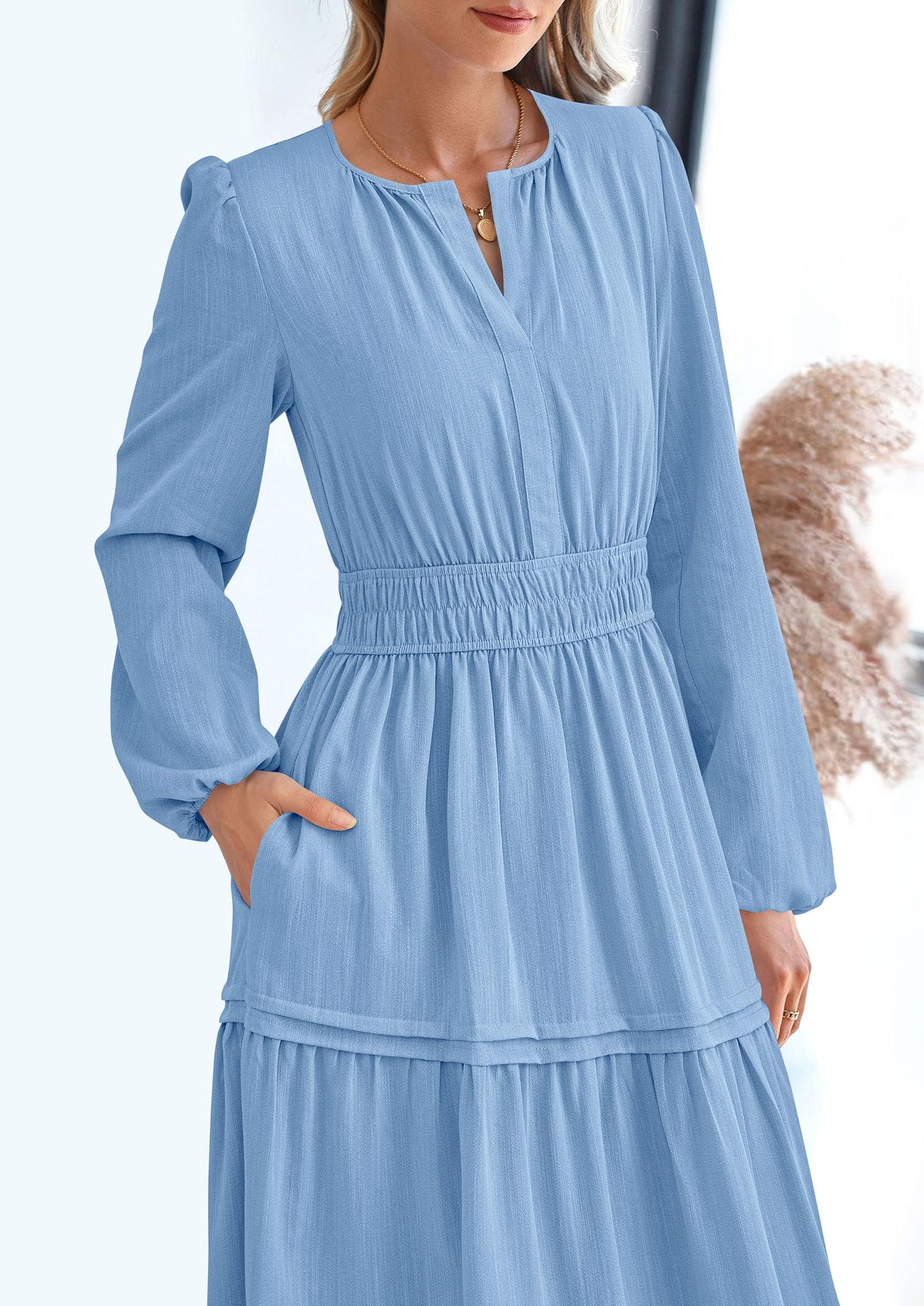 Women's Elegant Maxi Dresses Long Sleeve V Neck Flowy Pockets Casual Modest Dress Fall Fashion Clothes