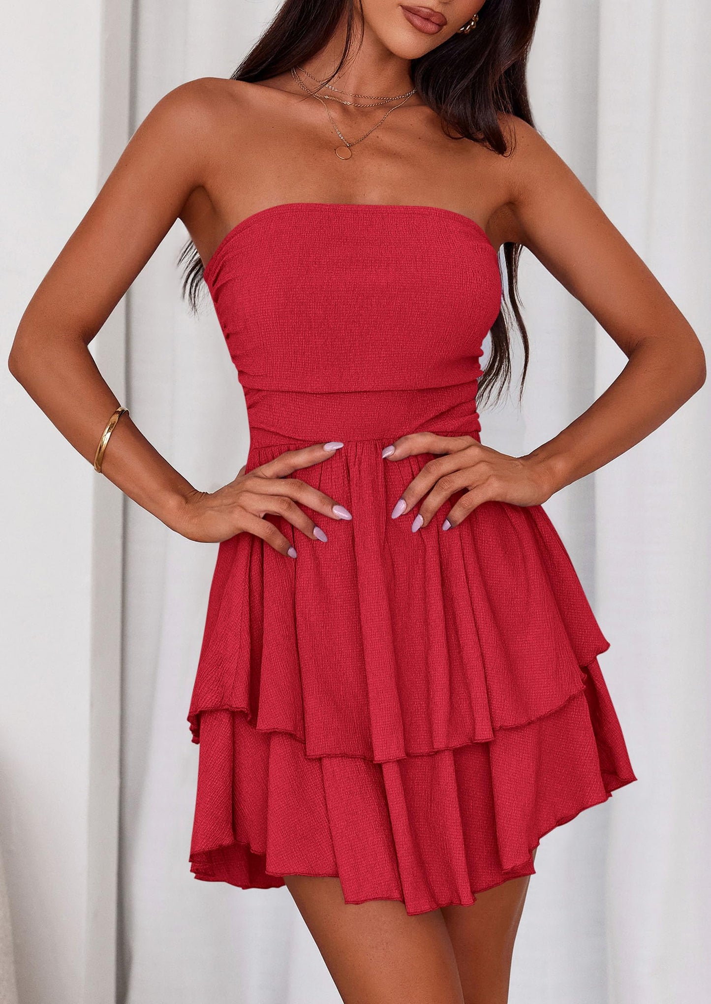 Women's Summer Strapless Tube Mini Dress Off Shoulder Smocked Ruffle A Line Flowy Short Party Club Dresses