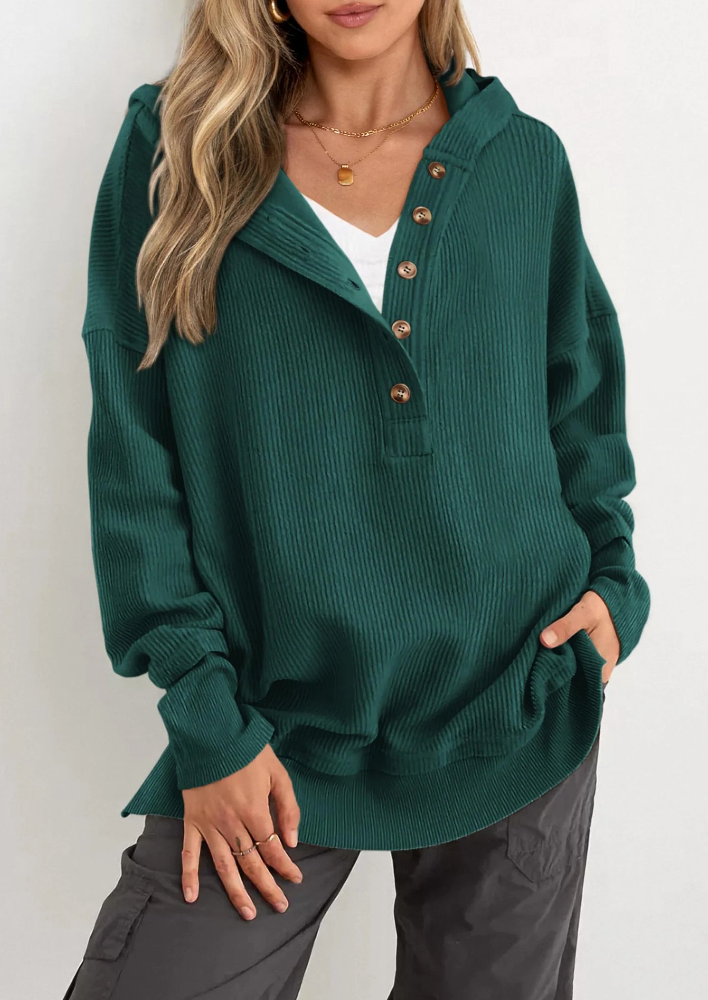 Womens Fashion Oversized Long Sleeve Hoodie Button Down V Neck Sweatshirt Side Slit Casual Pullover Tops