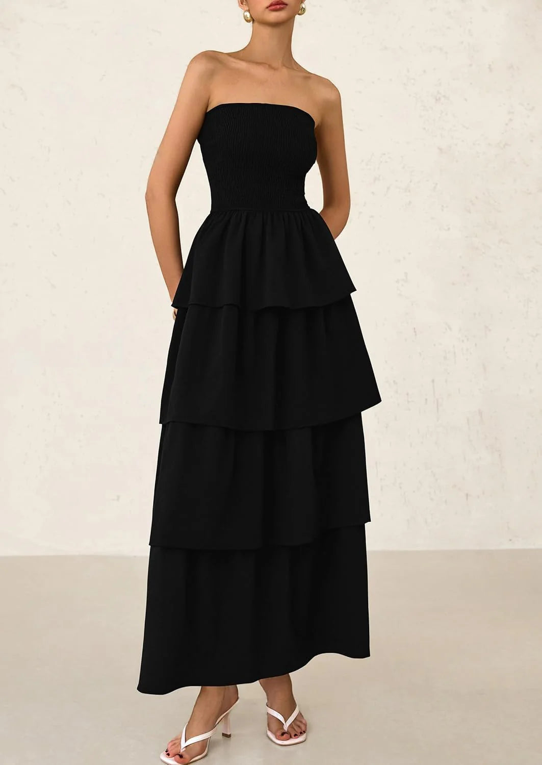 Maxi Dresses for Women Off Shoulder Smocked Tiered Ruffle Long Flowy Wedding Guest Dress