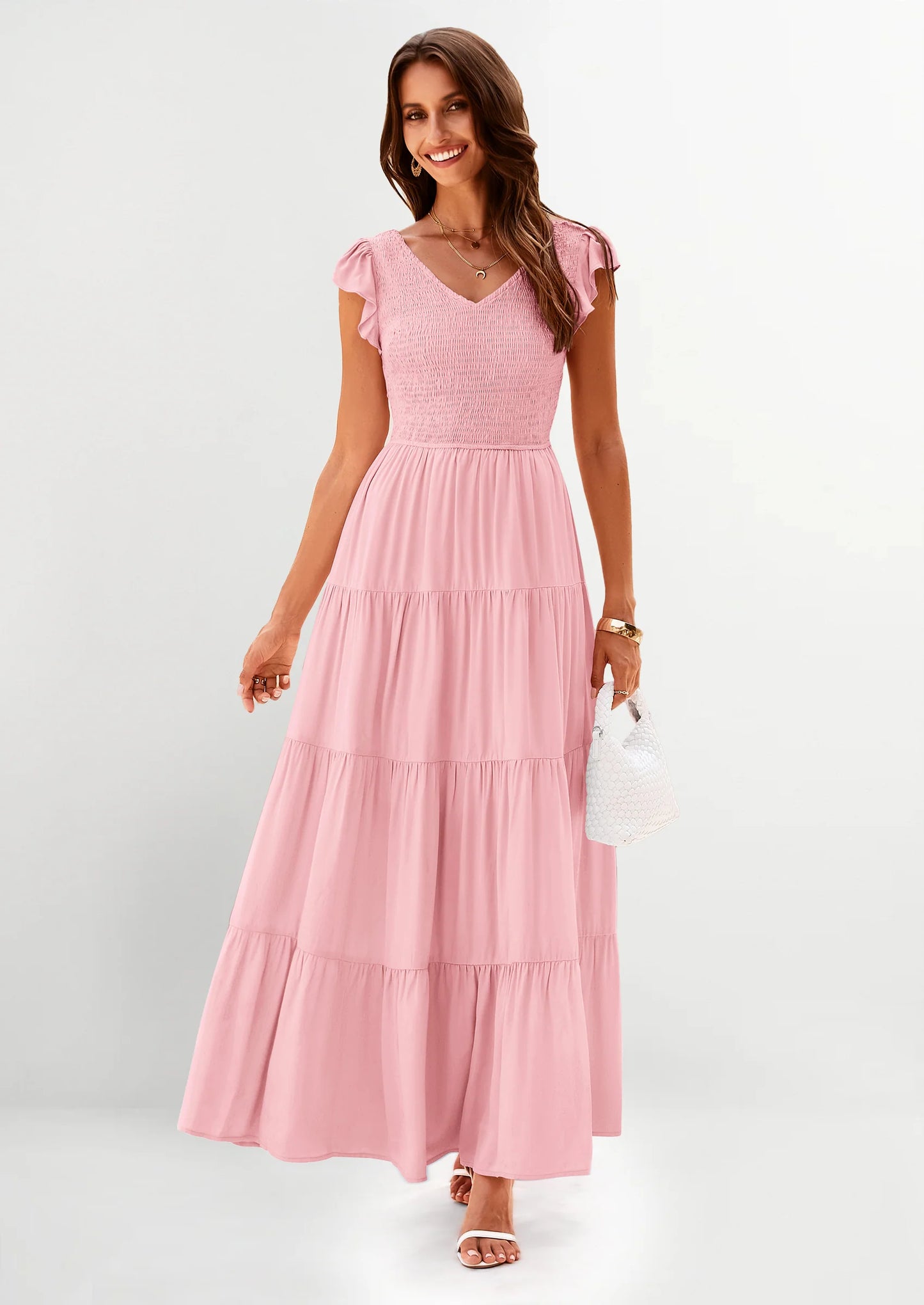 Women's Flowy Maxi Dress Casual Cap Sleeve V Neck Smocked Beach Sundress