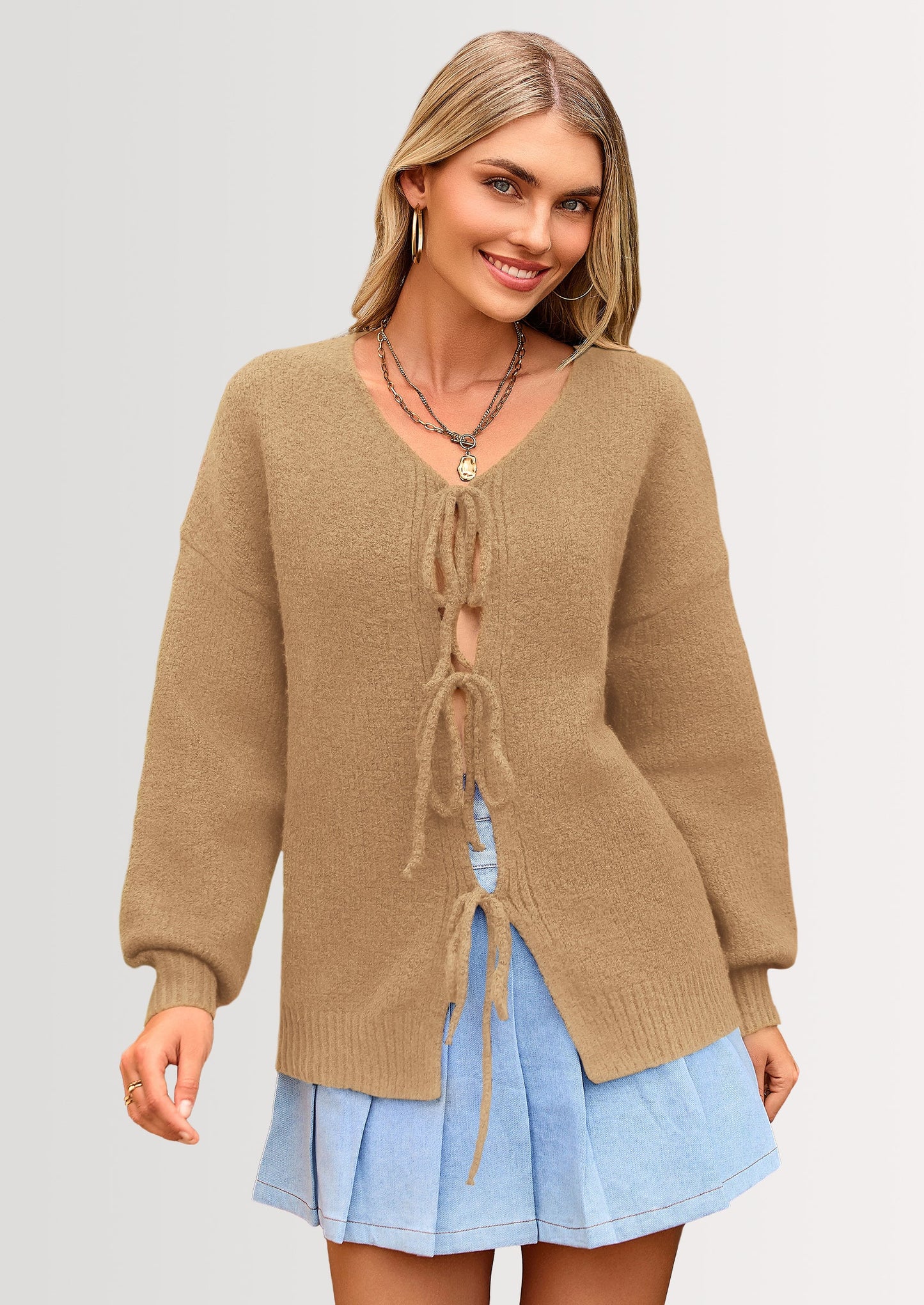Women's Tie Front Bow Cardigan Sweaters Chunky Knit Long Puff Sleeve Trendy Fall Winter Jacket Coats