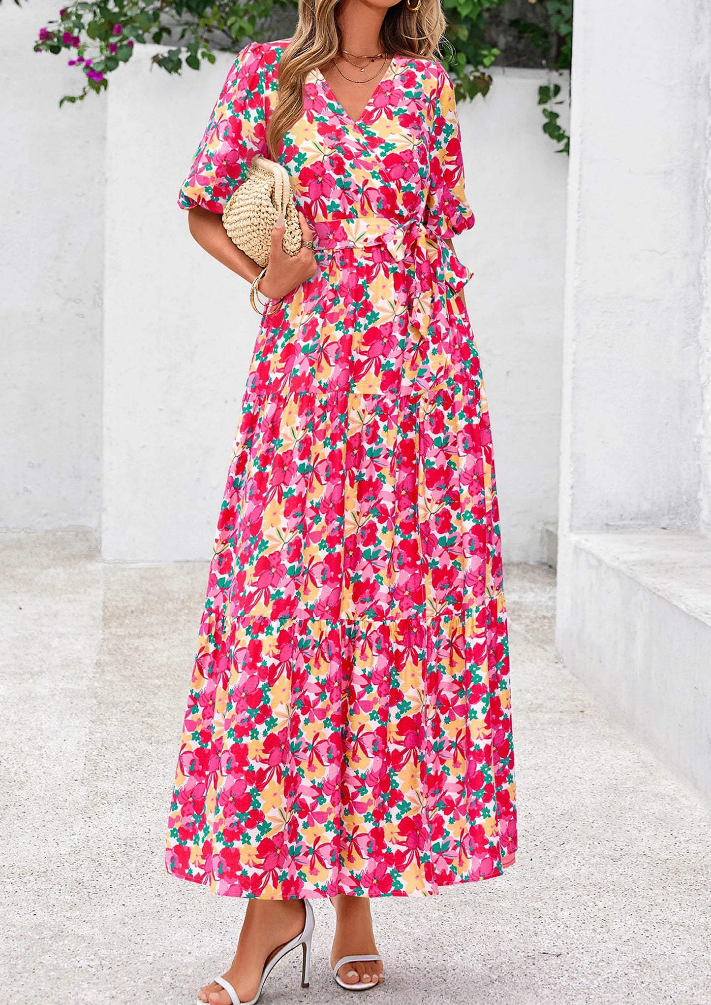 Women's Maxi Dress Resort Wear Boho Floral V Neck Puff Short Sleeve Ruffle Flowy Beach Long Dresses