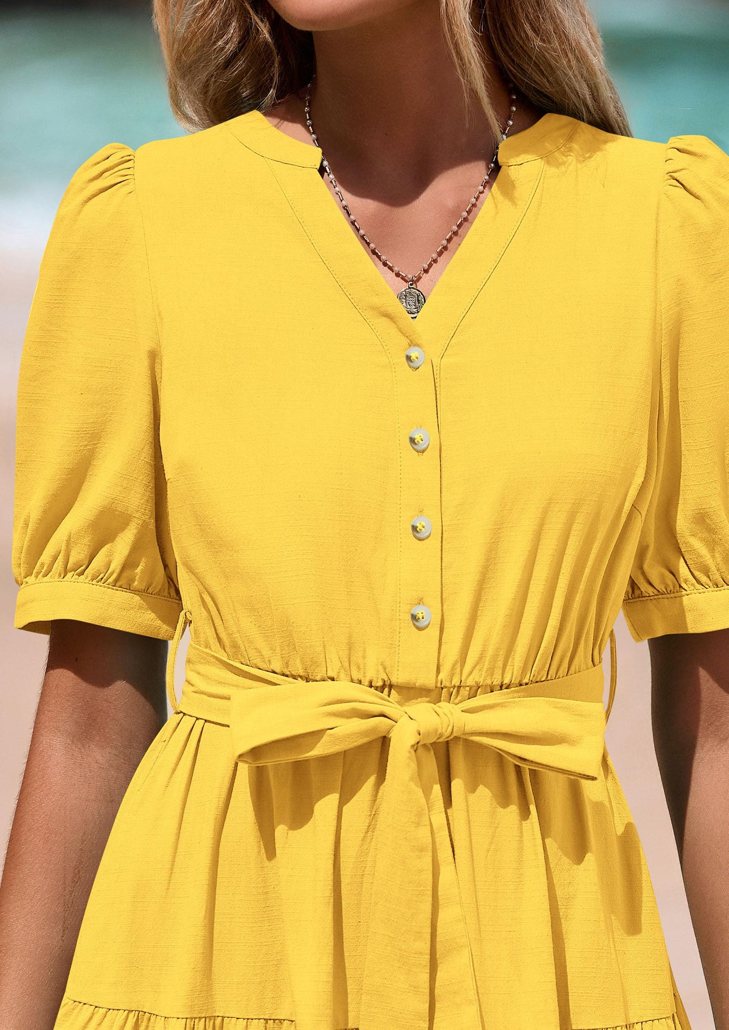 Women's Midi Dress Casual Short Sleeve V Neck Buttons Belted Ruffle A Line Flowy Dress with Pockets