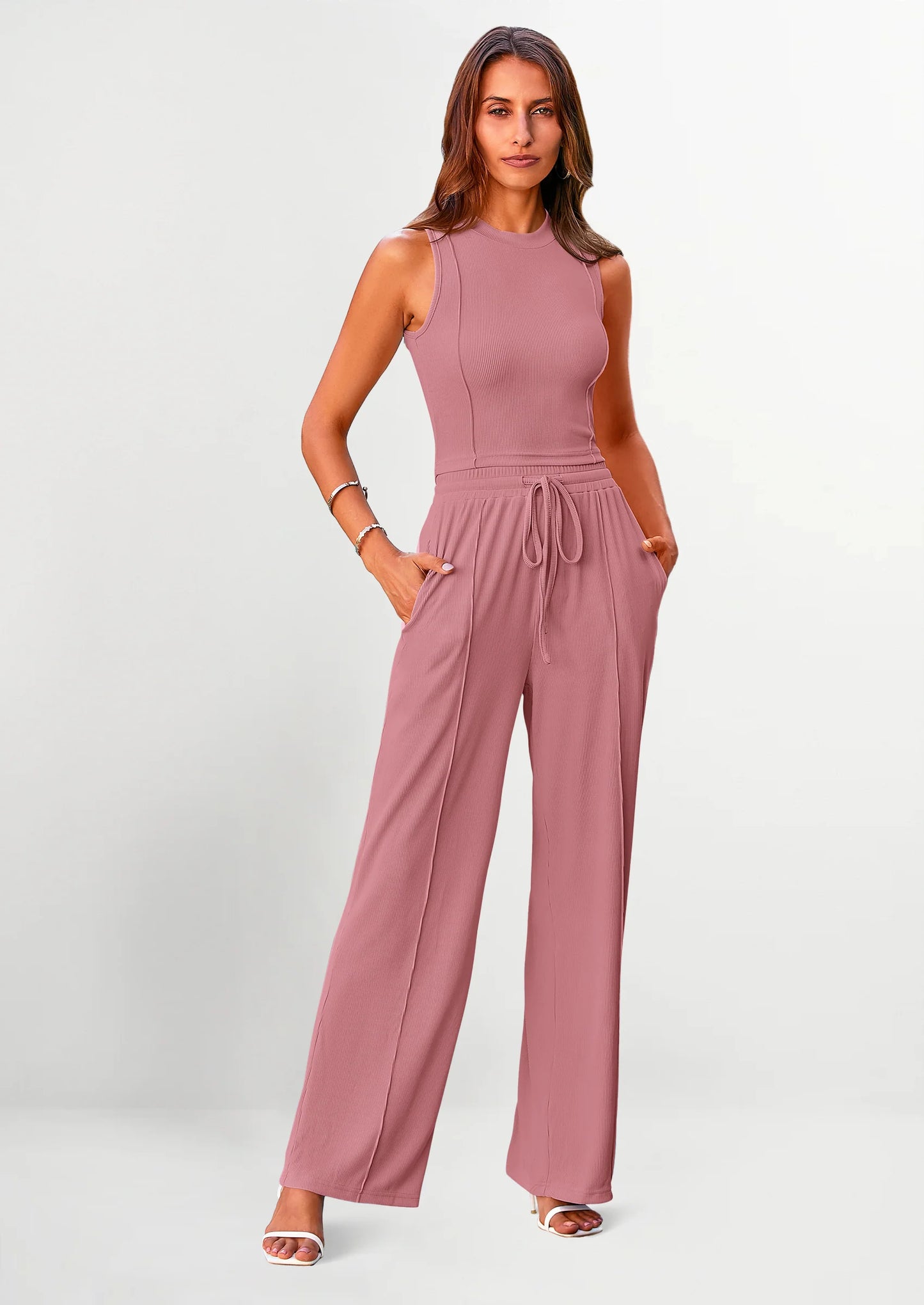 Women's Summer 2 Piece Loungewear Set Cropped Tank Top Wide Leg Sweatpants Tracksuit Casual Outfits