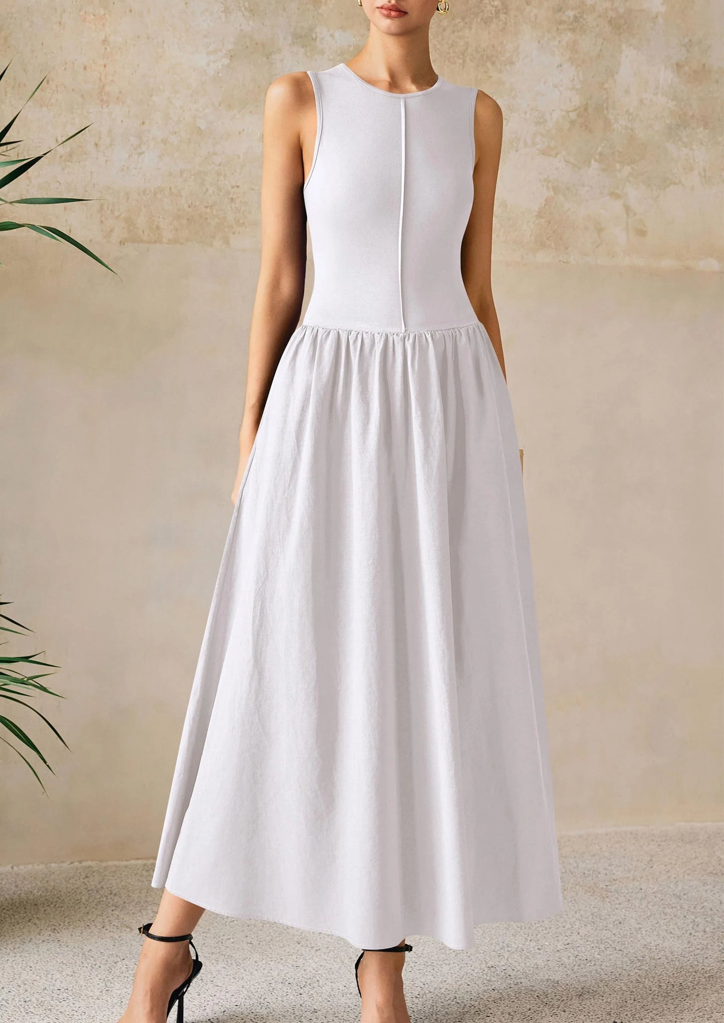 Women Maxi Dresses Casual Sleeveless Patchwork Knit Tank Dress Flowy Beach Sundress Long Dress