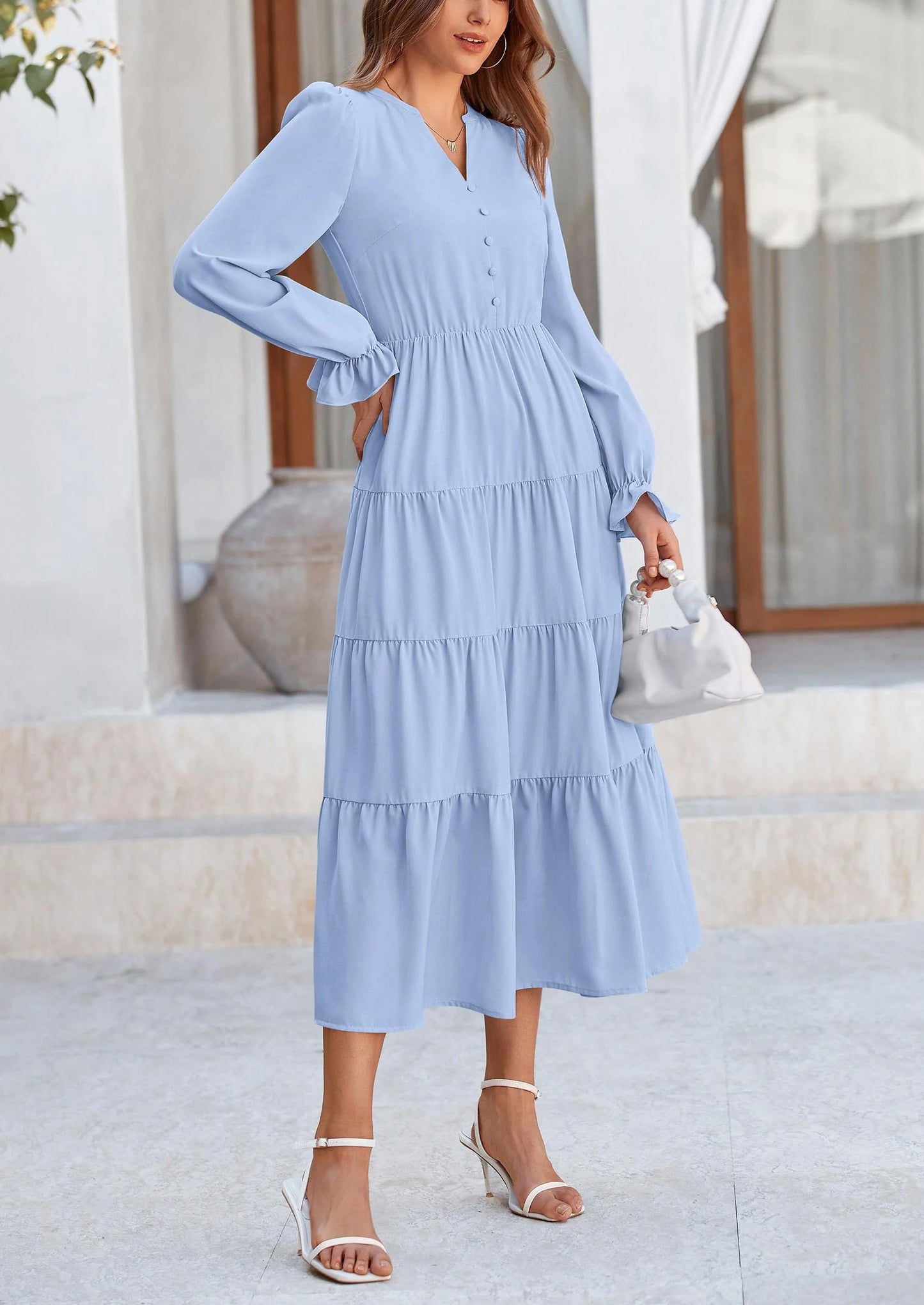 Women Fall Long Sleeve Smocked Maxi Dress Casual Square Neck Swiss Dot Tiered Ruffle Flowy Spring Pocket Dresses